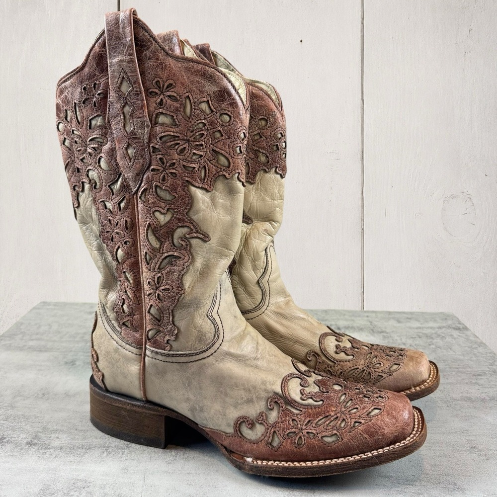 Corral Vintage Addison Sand Cognac Laser-Cut Overlay Cowboy Western Boots Sz 9